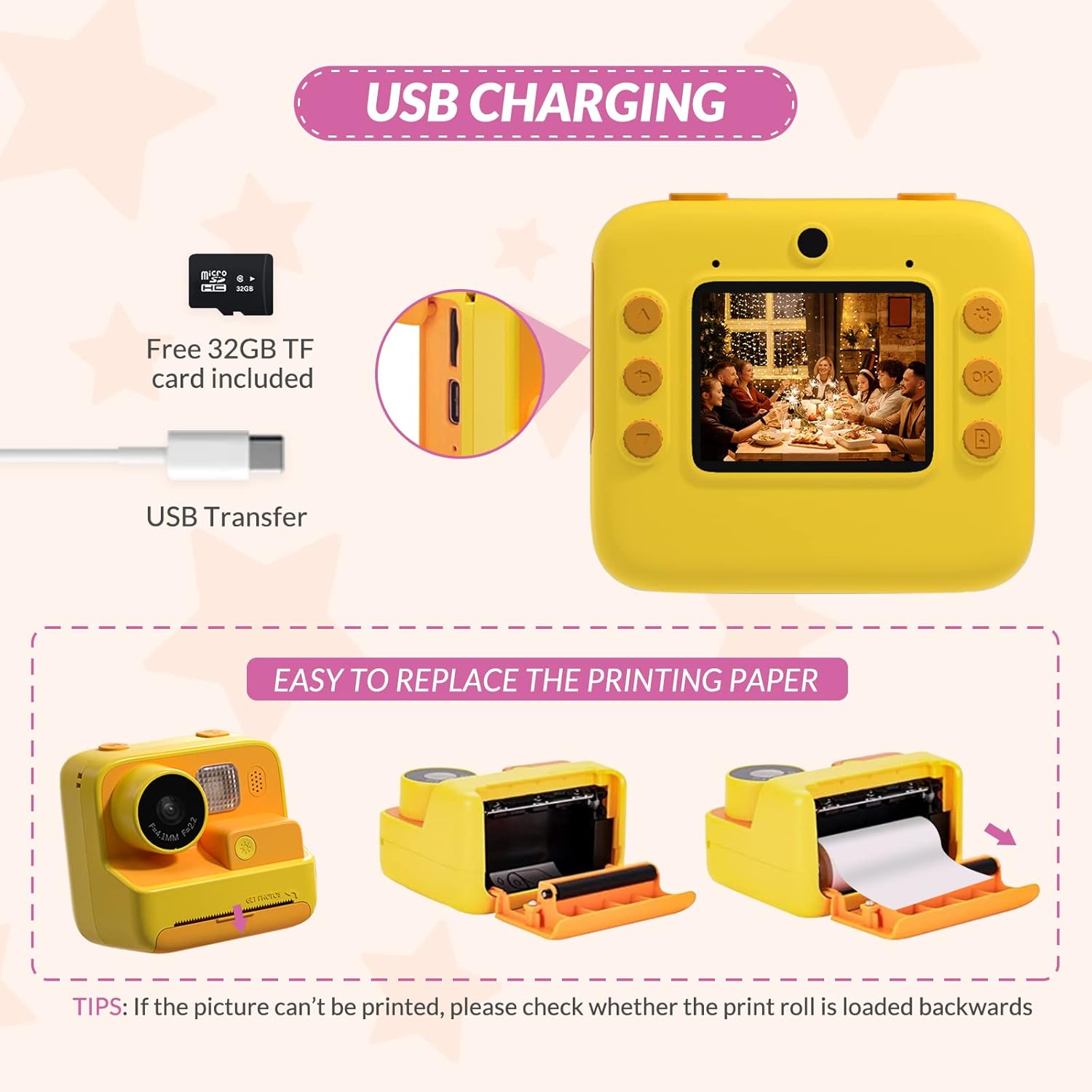 Kids Instant Camera with Printing Paper & 32G TF Card, Gift for Children 3-12 Years - Yellow