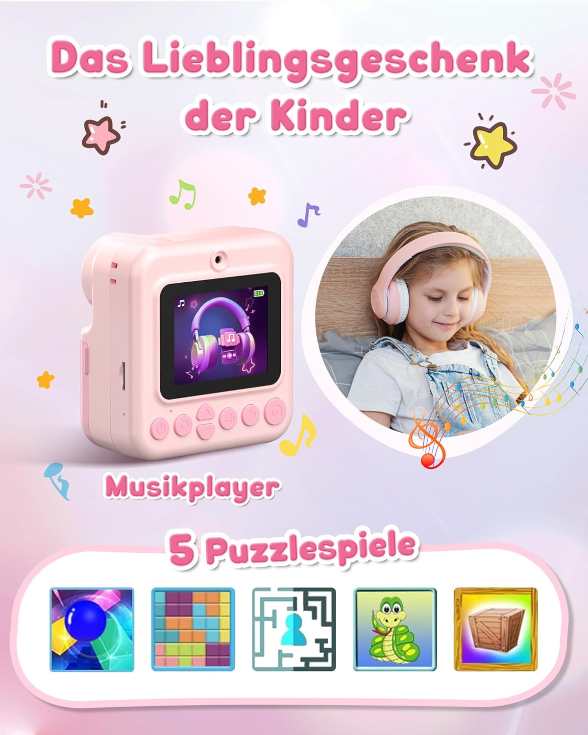 Children's Instant Camera 1080P HD 2.4 Inch Double Lens Instant Camera Children with 32GB Card and 3 Rolls of Printing Paper Children's Toy Gifts for Boys Girls 3-12 Years - Pink