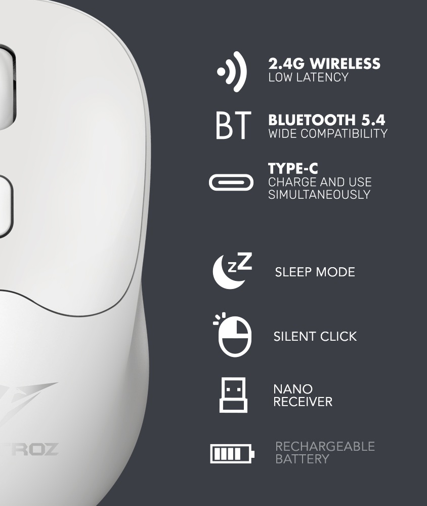 Alcatroz Mouse Wireless & BT Recharg Silent AIRMOUSE DUO 6R White (2025)