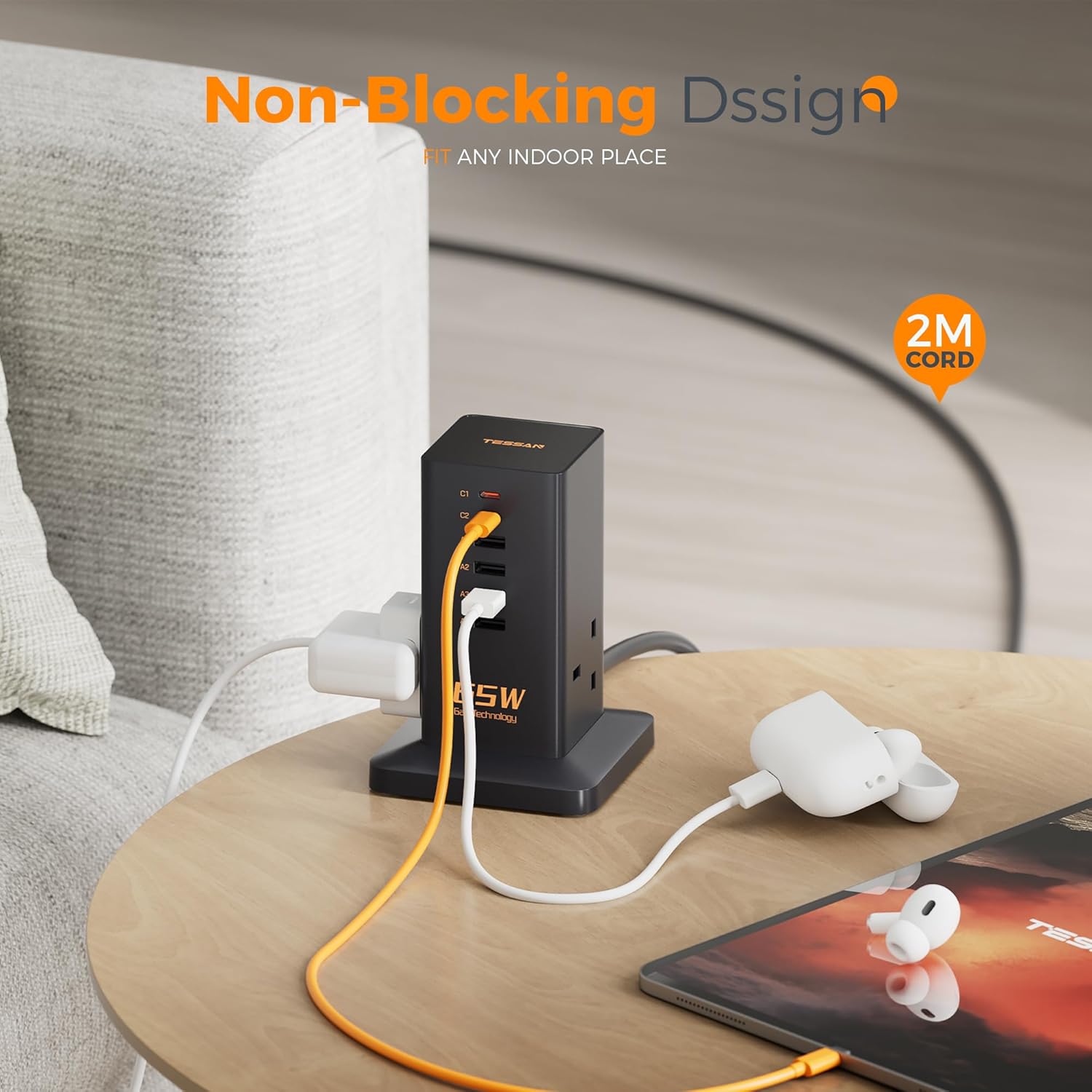 Tessan 2 Gang Extension  4 USB-A 2 USB C 2m 13A TS-FS02UK00