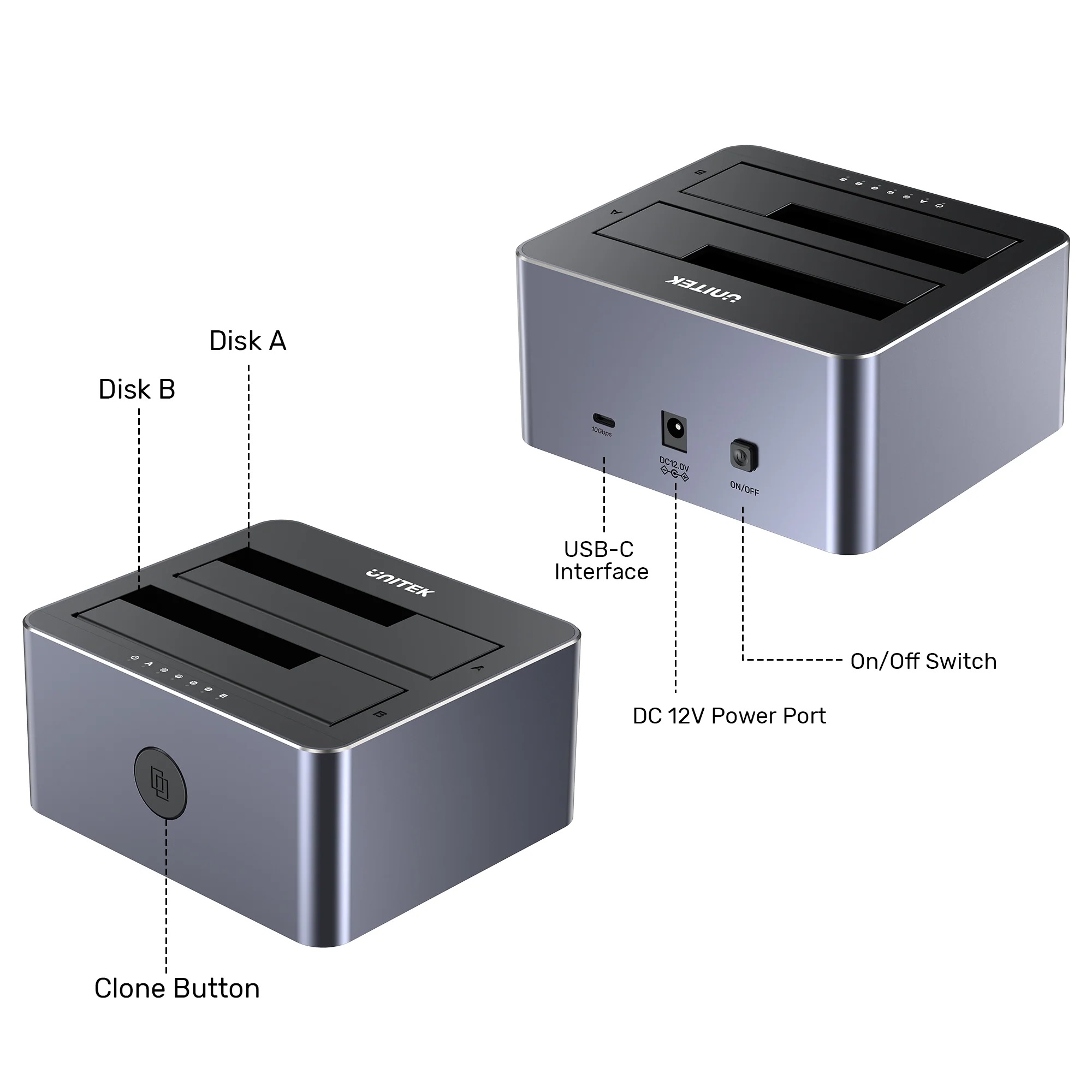 Unitek Y-3027 USB-C 3.1 10Gbps SATA6G Dual Bay Aluminium HDD Docking Station (Silver)