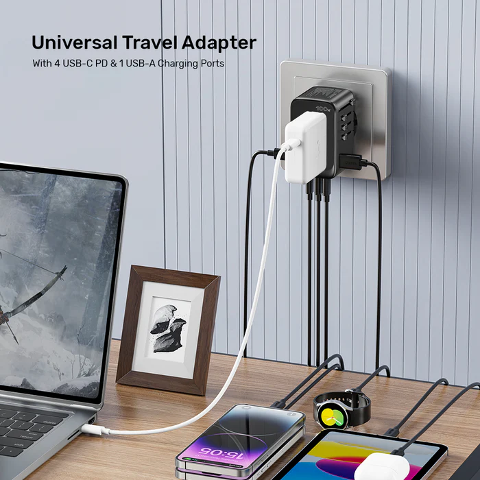 Unitek World Travel Adapter & 100W Charger EU/UK/US 4xUSBC+1xUSBA P1123A