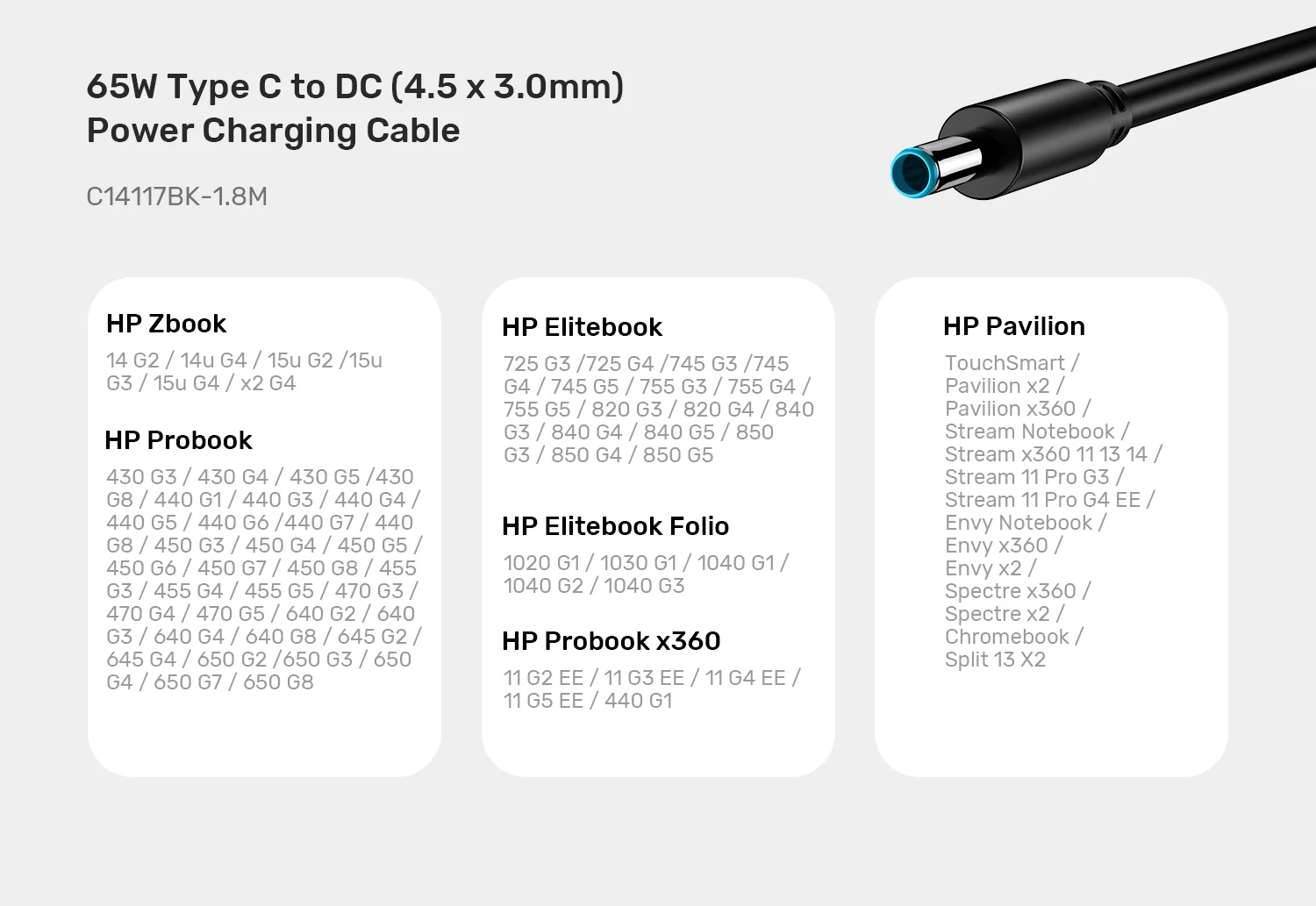 Unitek UCL USB-C to DC Cable 1.8m 65W for HP 4.5x3.0mm C14117BK