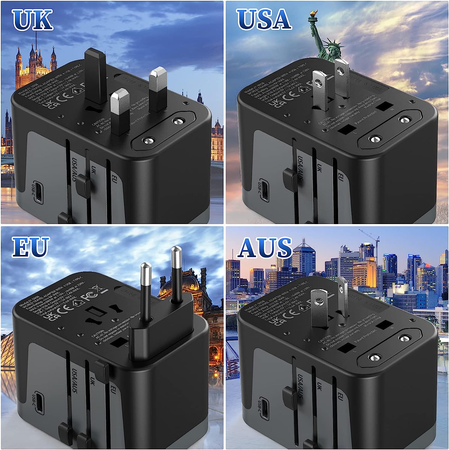 Travel Adapter Worldwide 224+ Countries 5.6A Fast Charge Universal Travel Adapter (4 USB  & 1 USB C)