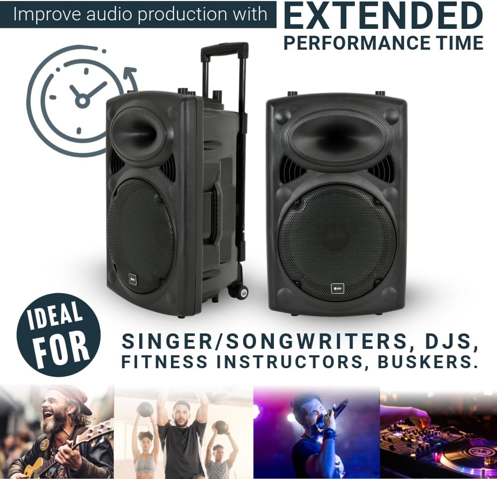 QTX QR15PA 15'' Professional Portable Karaoke & PA Speaker with 2x Wireless Microphones, Bluetooth USB & FM 178.848UK