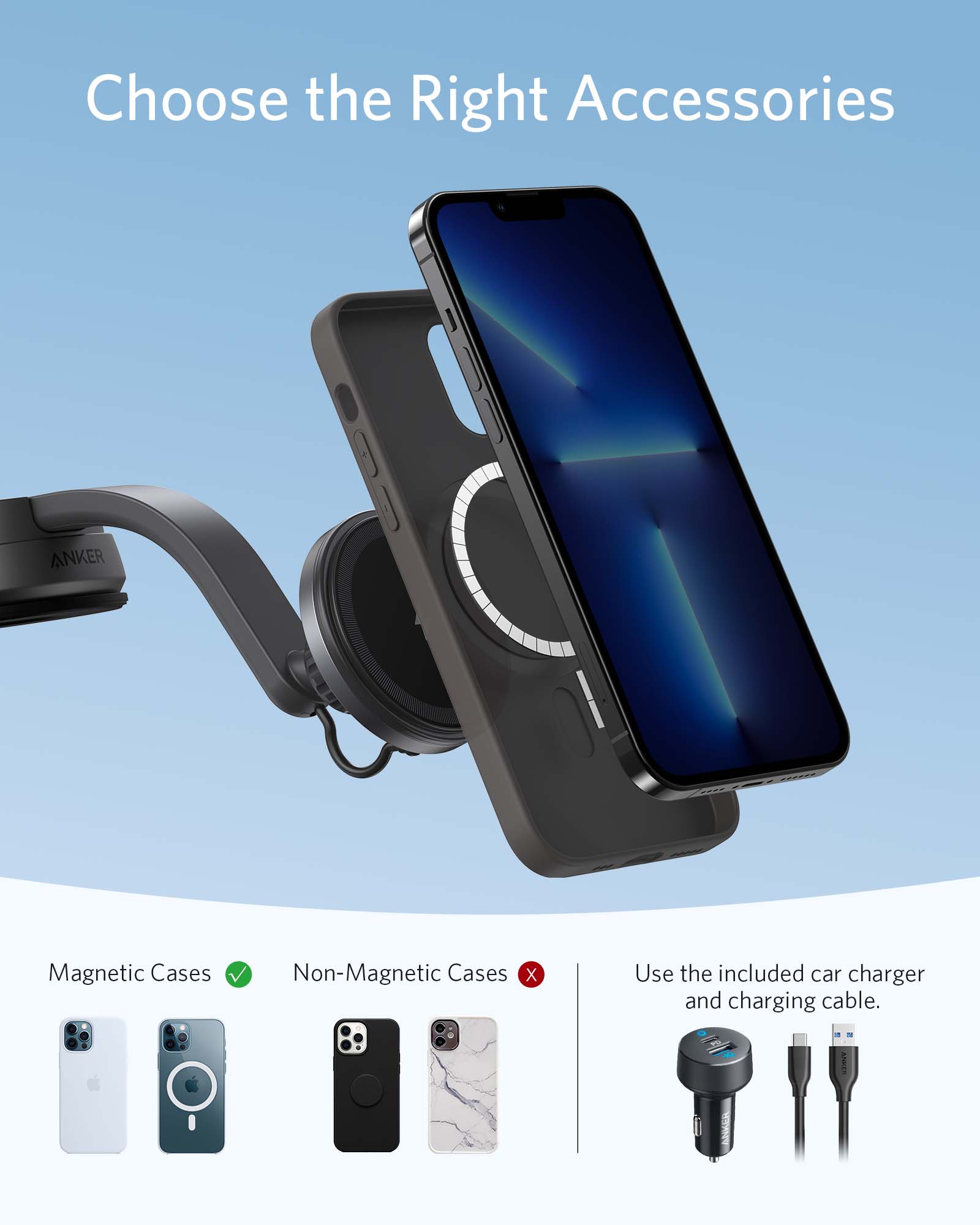 Anker PowerWave Mag-Go Car Wireless Charging Kit with 2-Port Car Charger & USB-C to USB-A 1.5m Cable