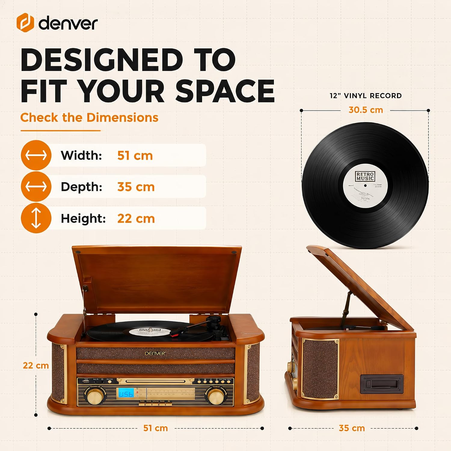 Denver AUDIO HiFi System with Turntable, CD, Cassette, FM & USB MCR-50MK3 Brown Wood