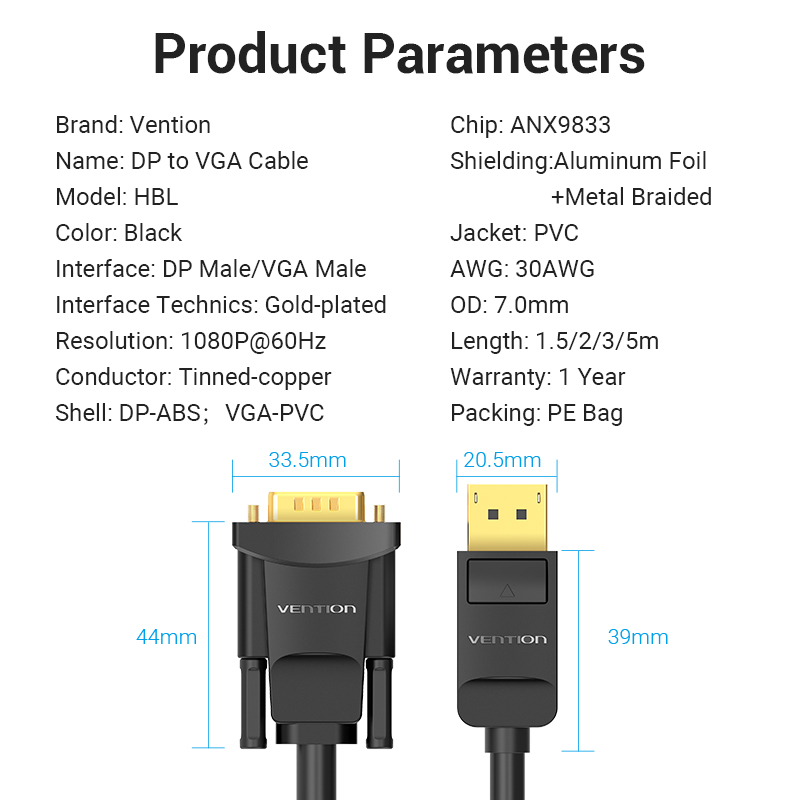 Vention Converter DisplayPort to VGA Cable 5.0m HBLBJ