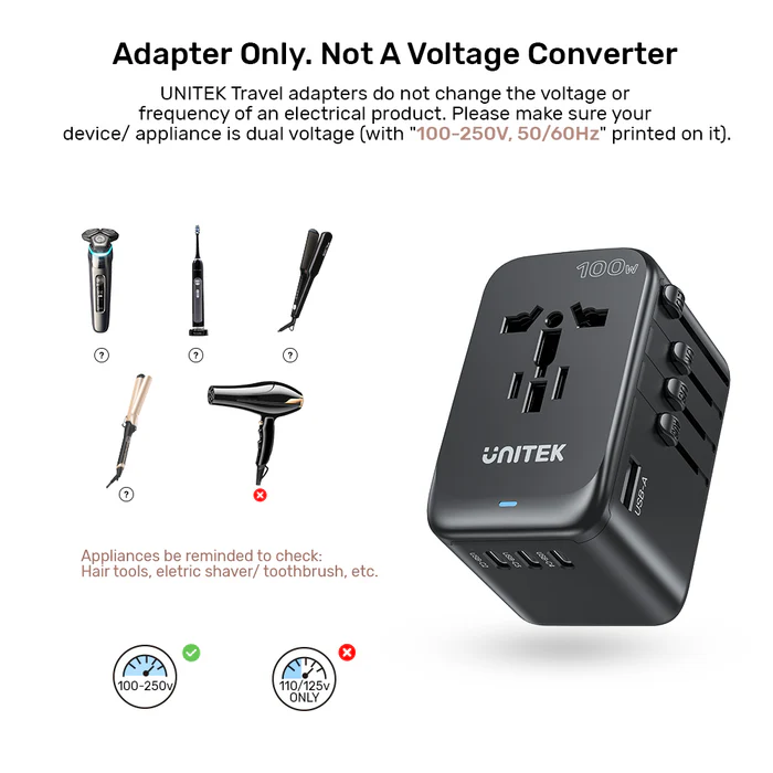 Unitek World Travel Adapter & 100W Charger EU/UK/US 4xUSBC+1xUSBA P1123A