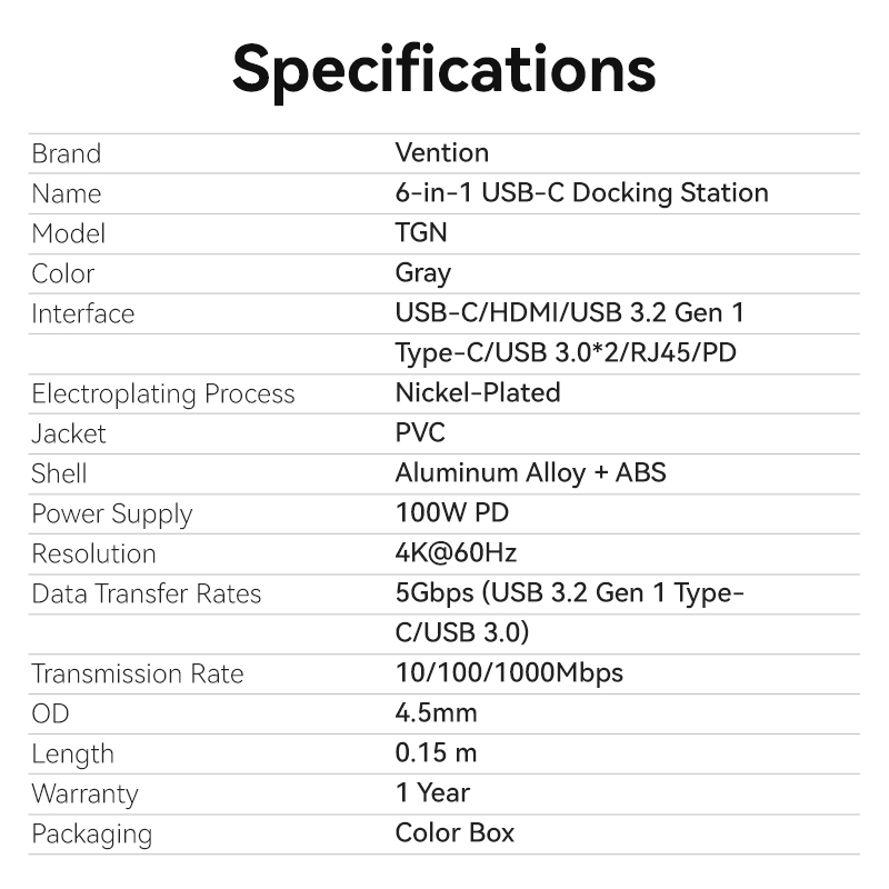 Vention HUB USB-C 1xUSB-C 3.2/2xUSB3.0/HDMI 4K60Hz/Gb/PD TGNHB