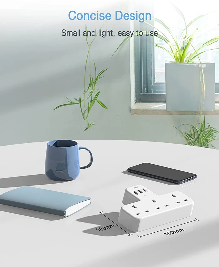 Tessan 3-Gang plug Through UK Charger 2 USB A USB C 13A TS-223-C