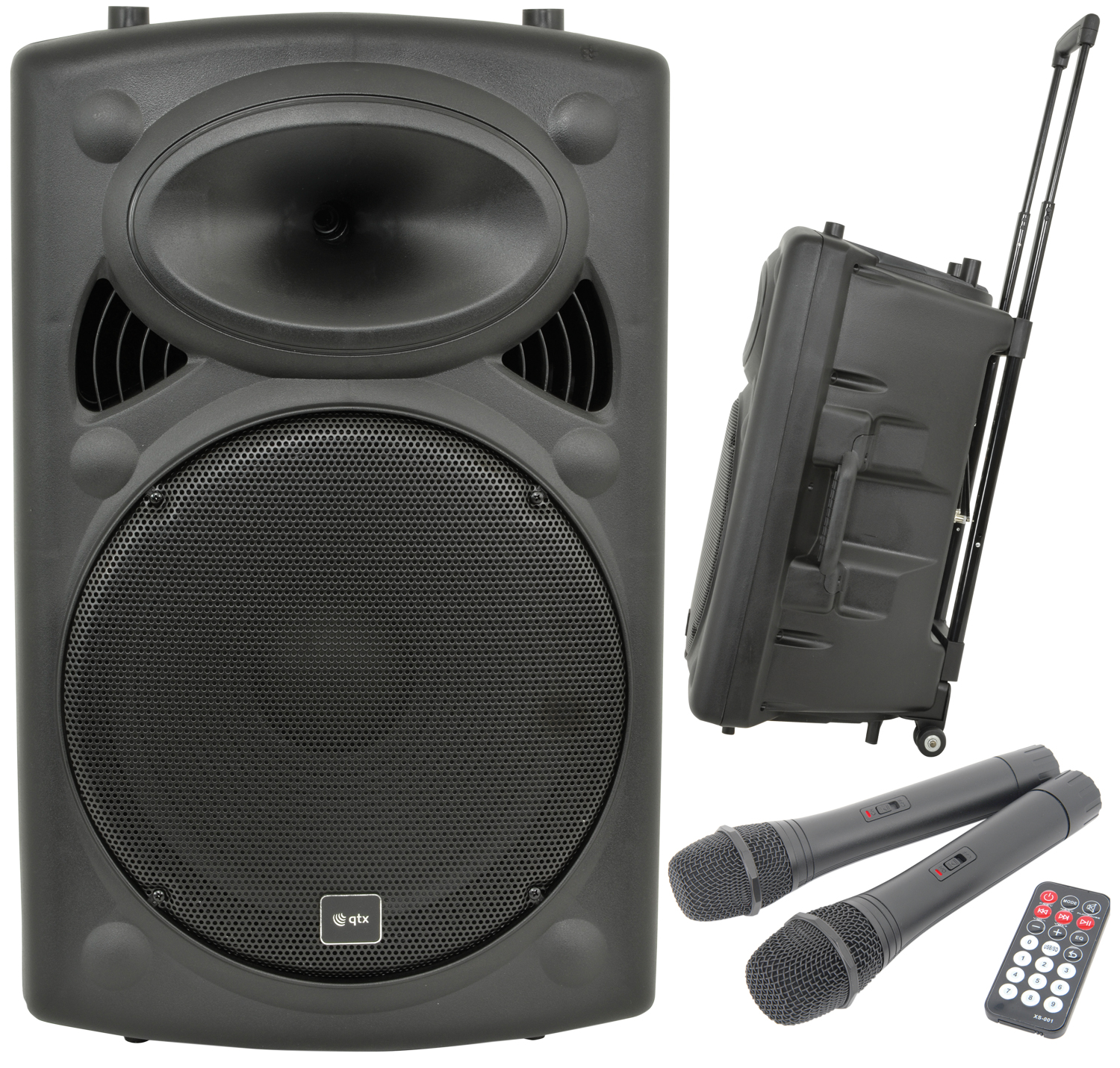 QTX QR15PA 15'' Professional Portable Karaoke & PA Speaker with 2x Wireless Microphones, Bluetooth USB & FM 178.848UK