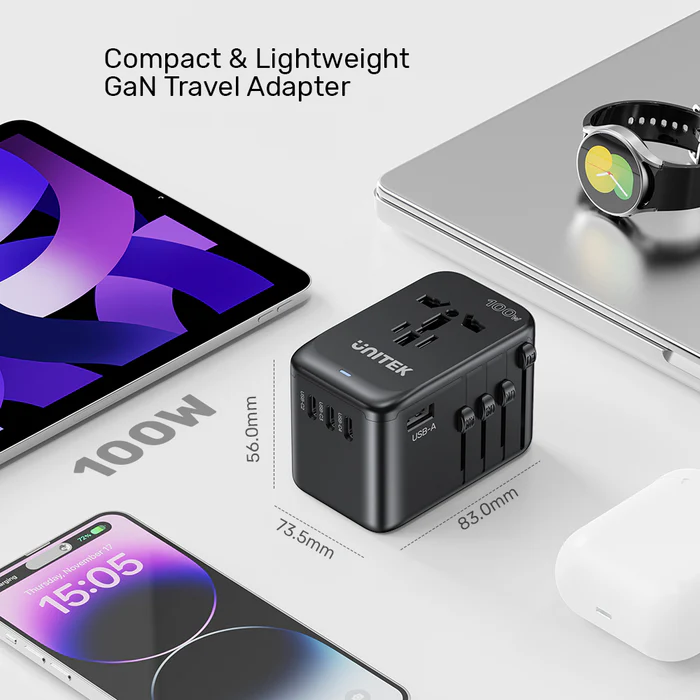 Unitek World Travel Adapter & 100W Charger EU/UK/US 4xUSBC+1xUSBA P1123ABK