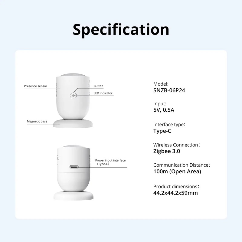Sonoff ZigBee Human Presence Sensor With Customized Detection Zone and Lux Sensor SNZB-06P24