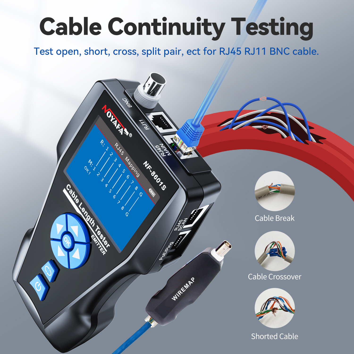 Noyafa Multi-Function Cable Tester with PoE, Ping, TDR Length Measurement, Port Flashing & NCV for RJ45, RJ11, BNC, CAT7 NF-8601S