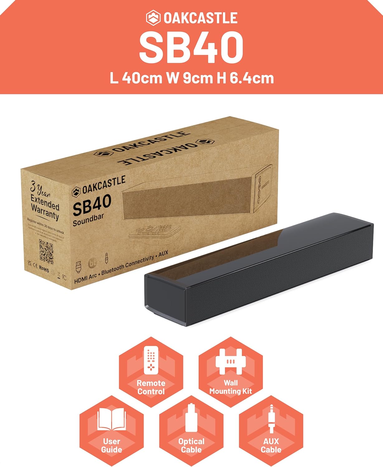 Majority Oakcastle SB40 Soundbar 60W BT-HDMI & Remote Control