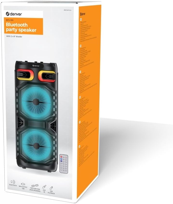 Denver Audio Karaoke Speaker 2 x 8" woofers BT USB & MicroSD TWS 2400mAh  BPS-355