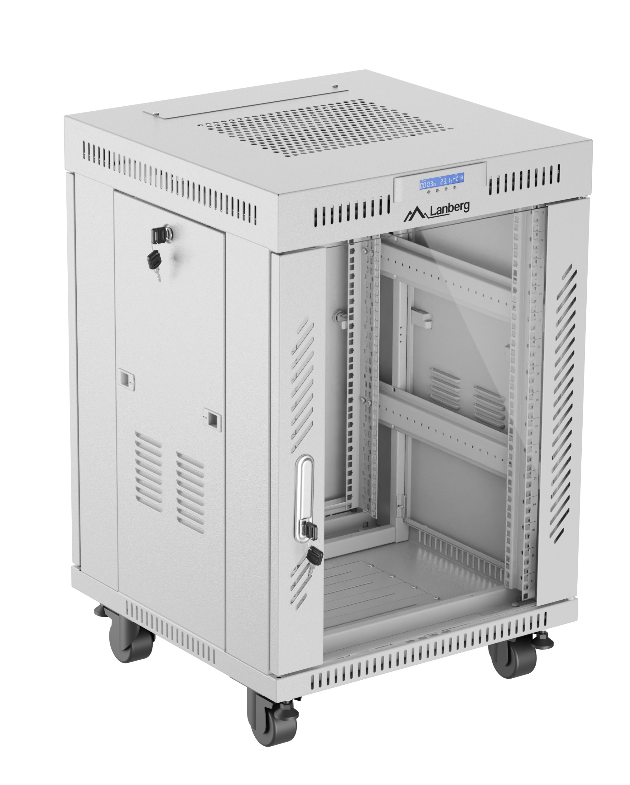 Lanberg Free Standing Cabinet 19'' with Glass Door 15U 60cm Ventilation Panel with LCD, 2 Fans & Thermostat Grey (not assebled)