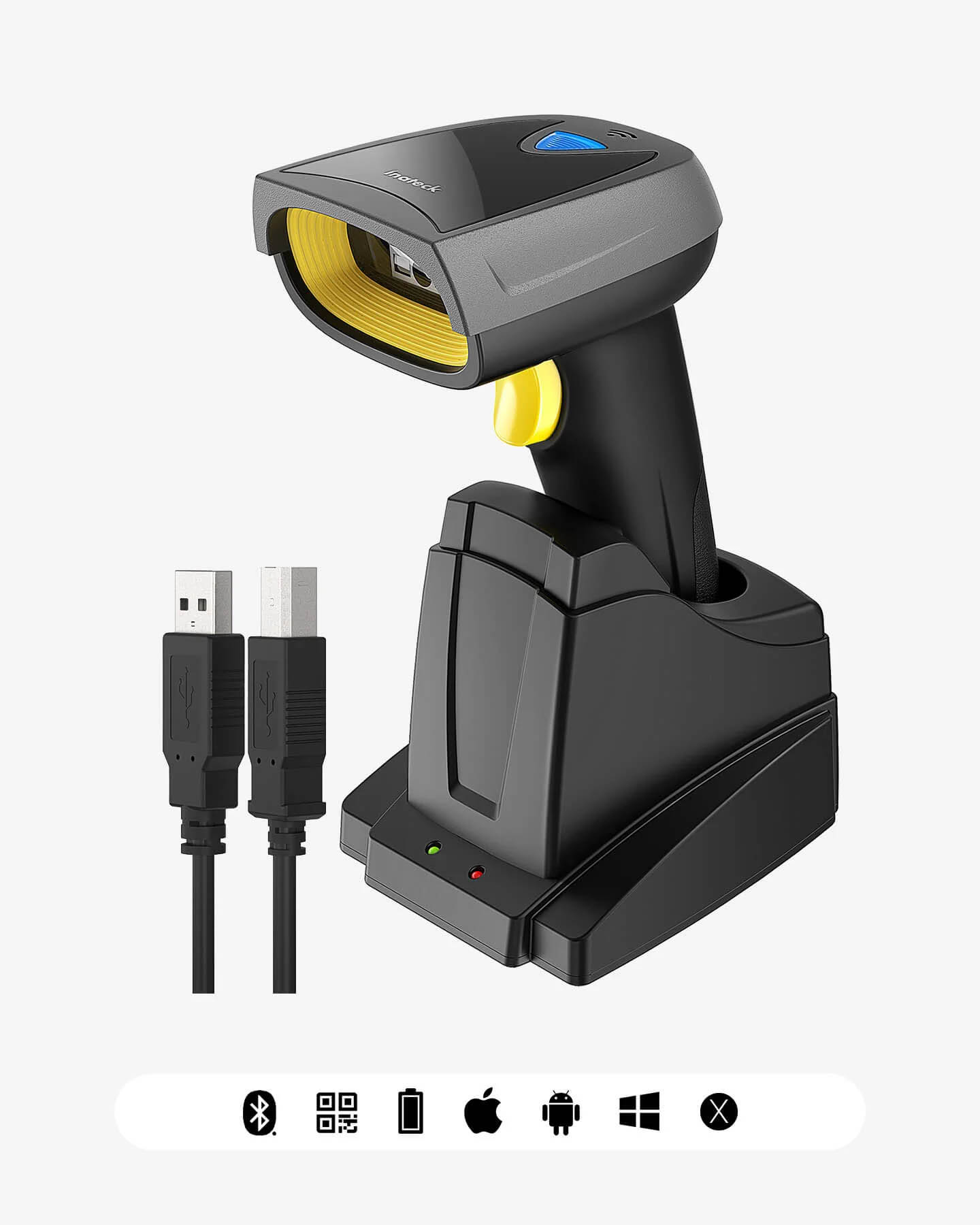 Inatech Barcode Scanner 1D/2D Wireless 2.4GHz/Bluetooth USB-A 2000mAh Smart Charging Base Hands Free Scanning BCST-52