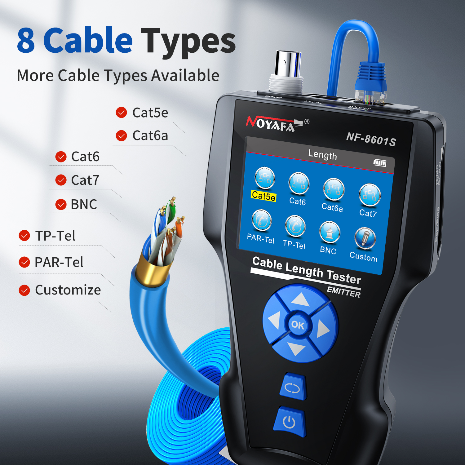 Noyafa Multi-Function Cable Tester with PoE, Ping, TDR Length Measurement, Port Flashing & NCV for RJ45, RJ11, BNC, CAT7 NF-8601S