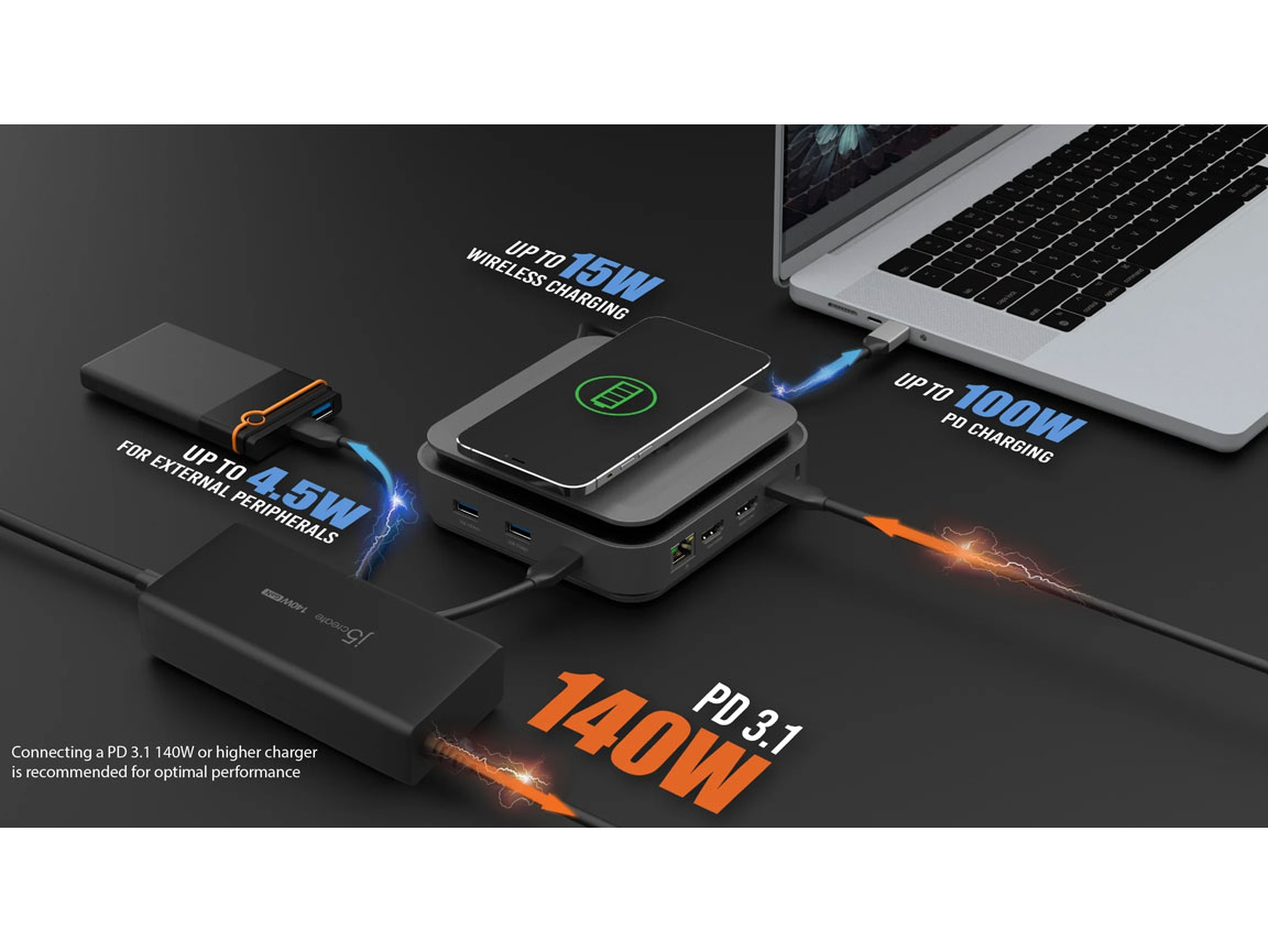 j5create Dock USB-C Dual Display 4K MST MacBookM3 HDMI/RJ45/SD/USB/PD + Wireless Charger + 140W PSU UK JCD3199P