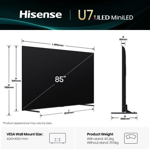 Hisense 85U7Q 85'' 4K Smart QLED MINI LED 144hz TV
