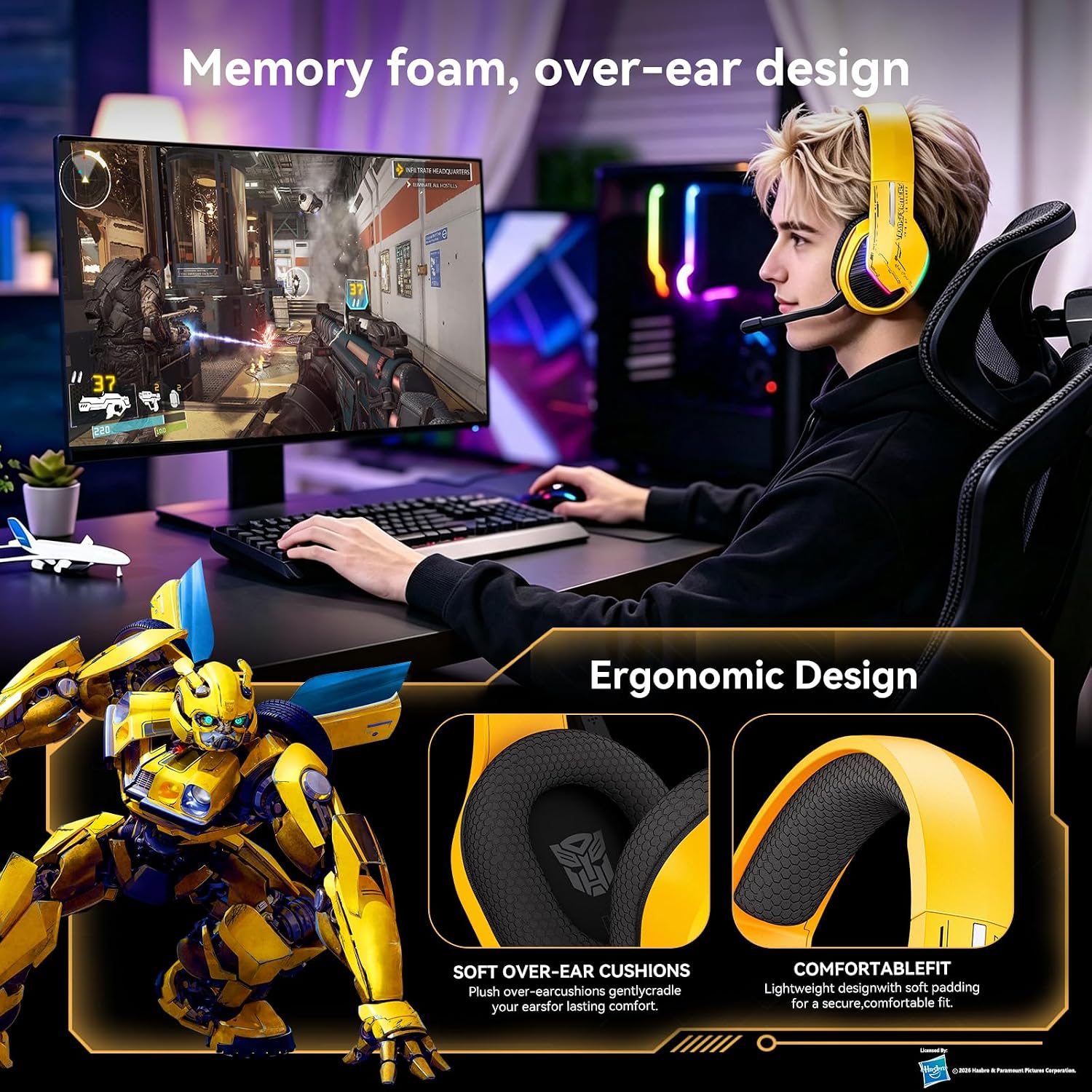 Transformers Wired Gaming Headset, 50MM Drivers, LED Light, Lightweight, 3D Surround Sound TF-G15 Yellow
