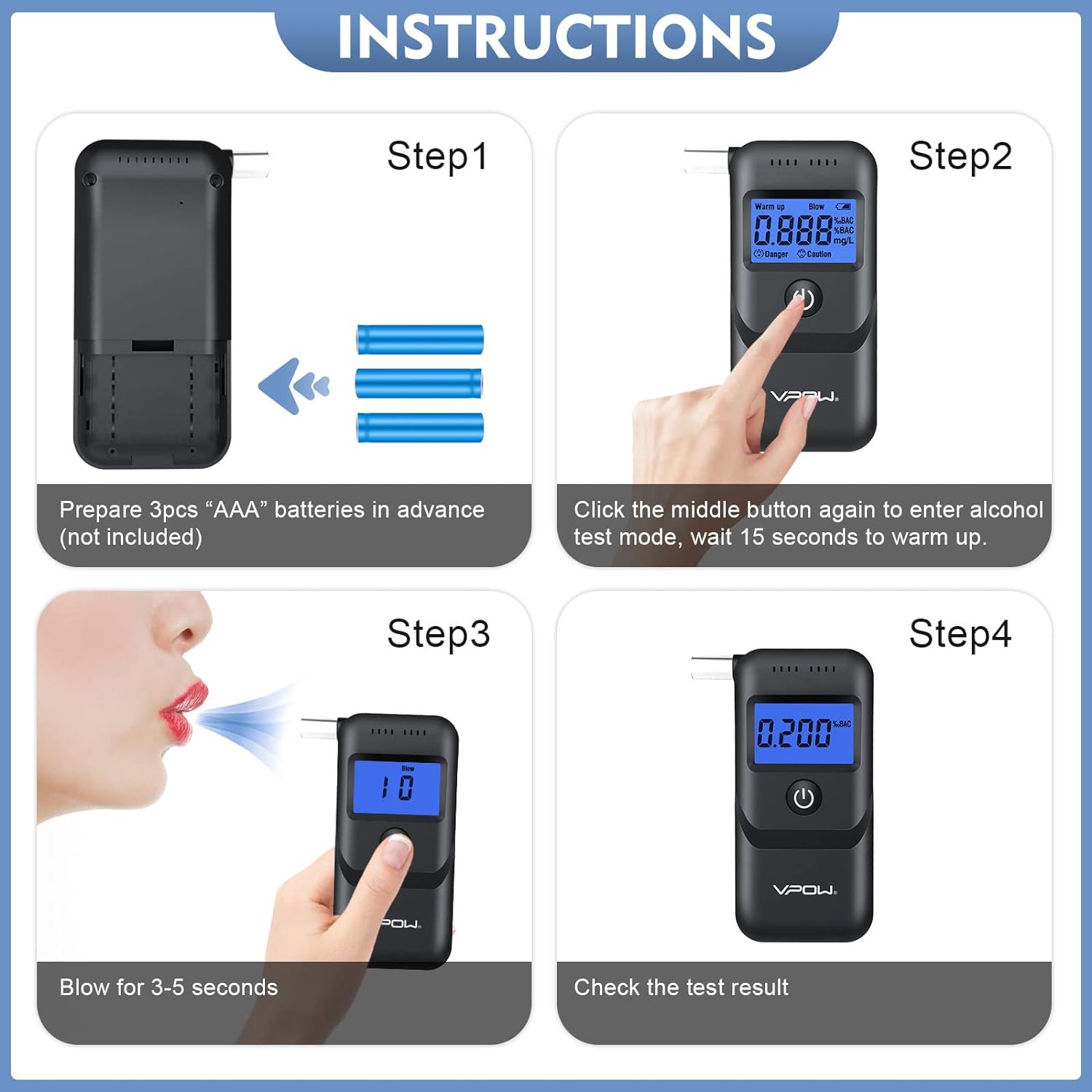 VPOW Breathalyser Alcohol Meter with Digital Blue LCD Display
