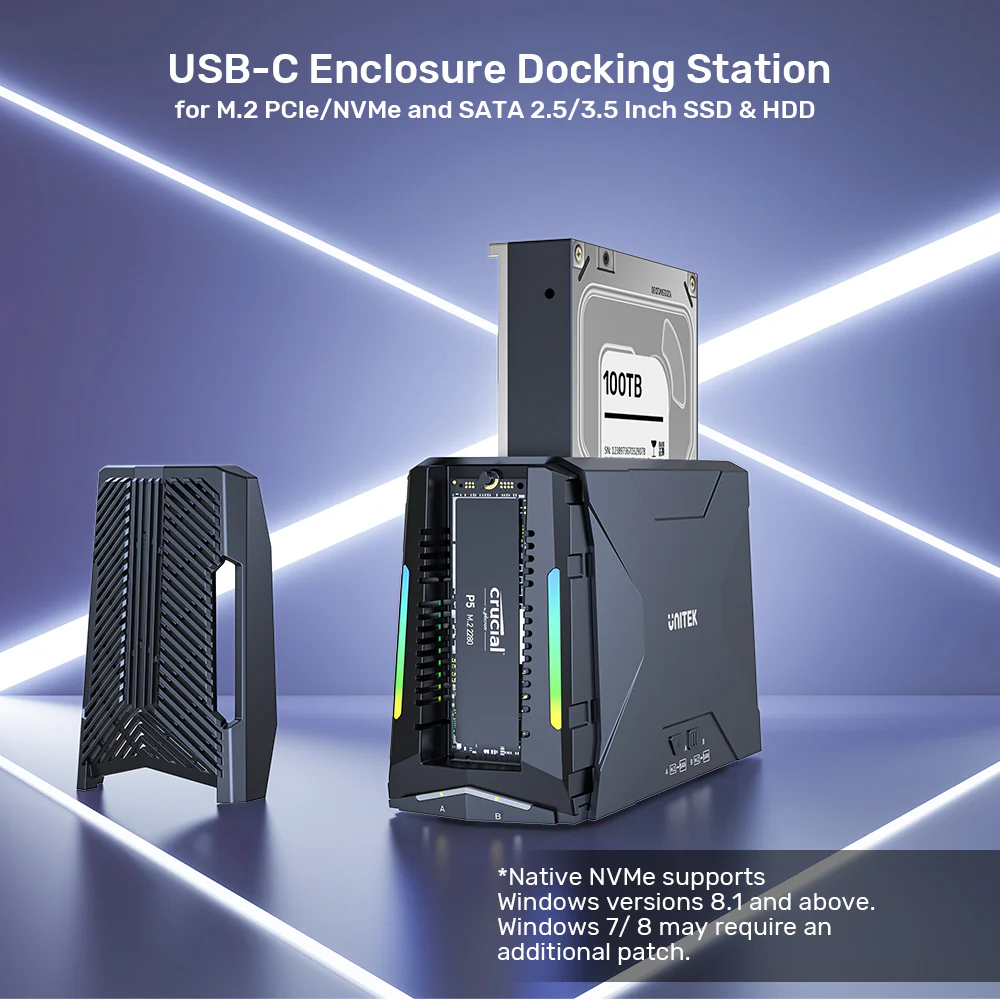 Unitek USB-C NVME/PCIe/SATA/HDD 10Gbps RGB Docking Station S1234B