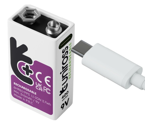 Uniross USB-C Rechargeable Lithium 9V Battery 400mah (1pc)