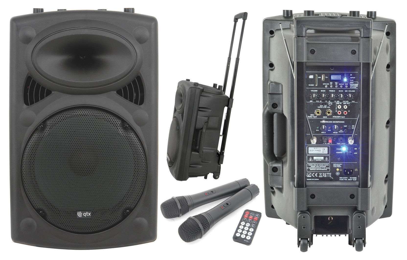 QTX QR15PA 15'' Professional Portable Karaoke & PA Speaker with 2x Wireless Microphones, Bluetooth USB & FM 178.848UK