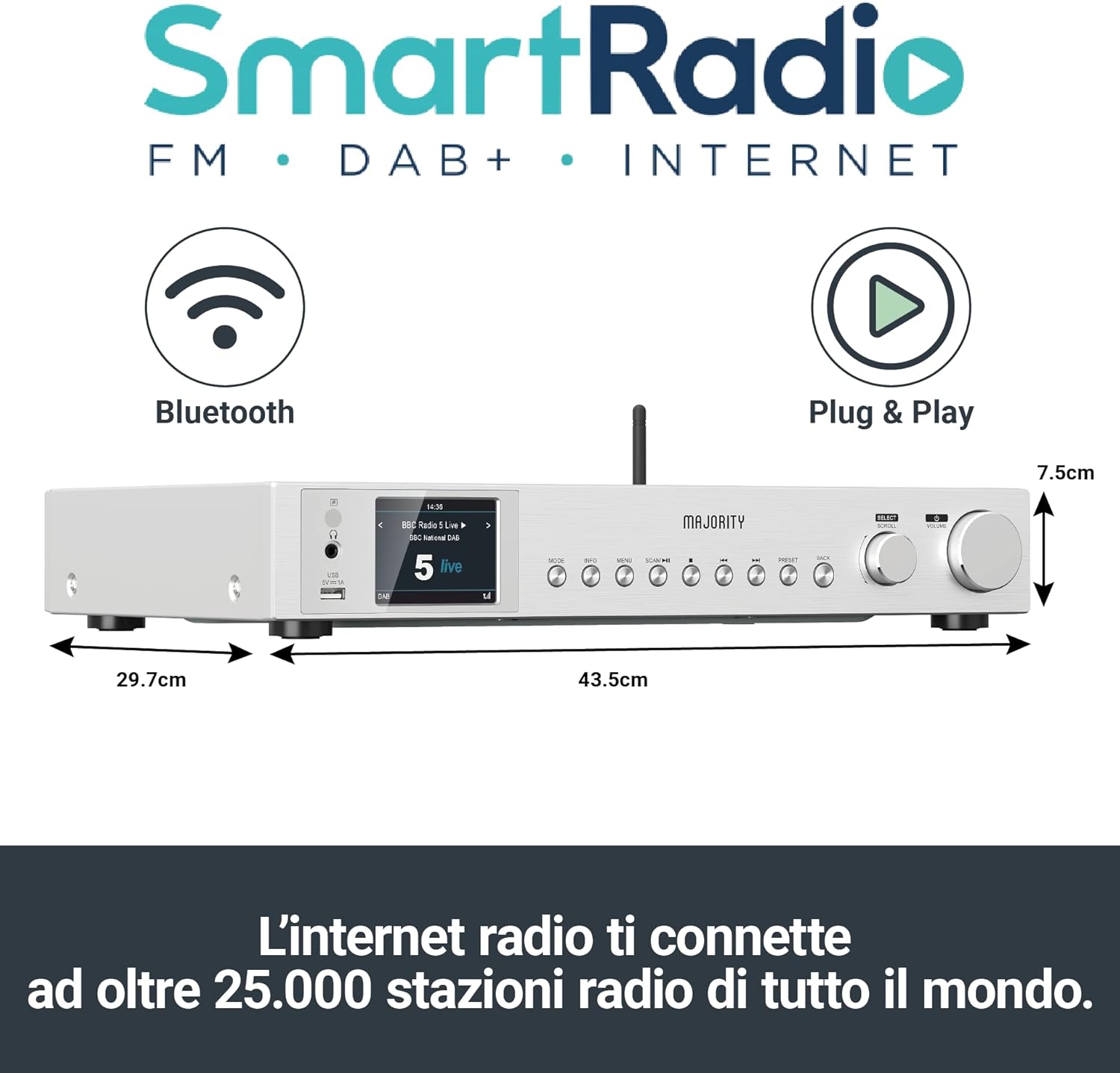 Majority FITZWILLIAM 2 Radio WiFi/BT/USB/FM/LineOut/Display Silver