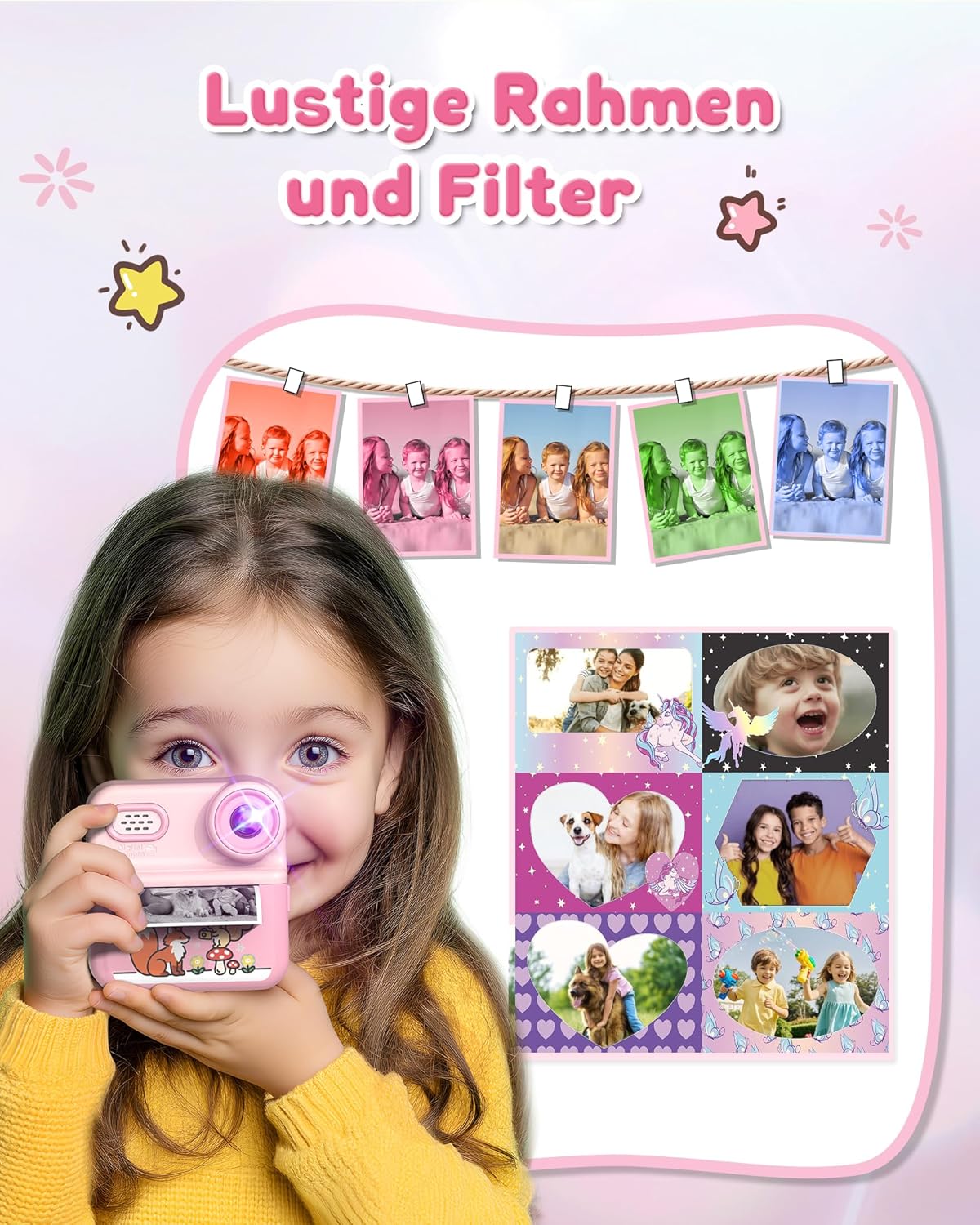 Children's Instant Camera 1080P HD 2.4 Inch Double Lens Instant Camera Children with 32GB Card and 3 Rolls of Printing Paper Children's Toy Gifts for Boys Girls 3-12 Years - Pink
