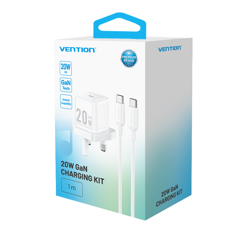 Vention Charger Wall GaN 20W 1xUSBC UK + USB-C 1m Cable White FEPW0-UK-01