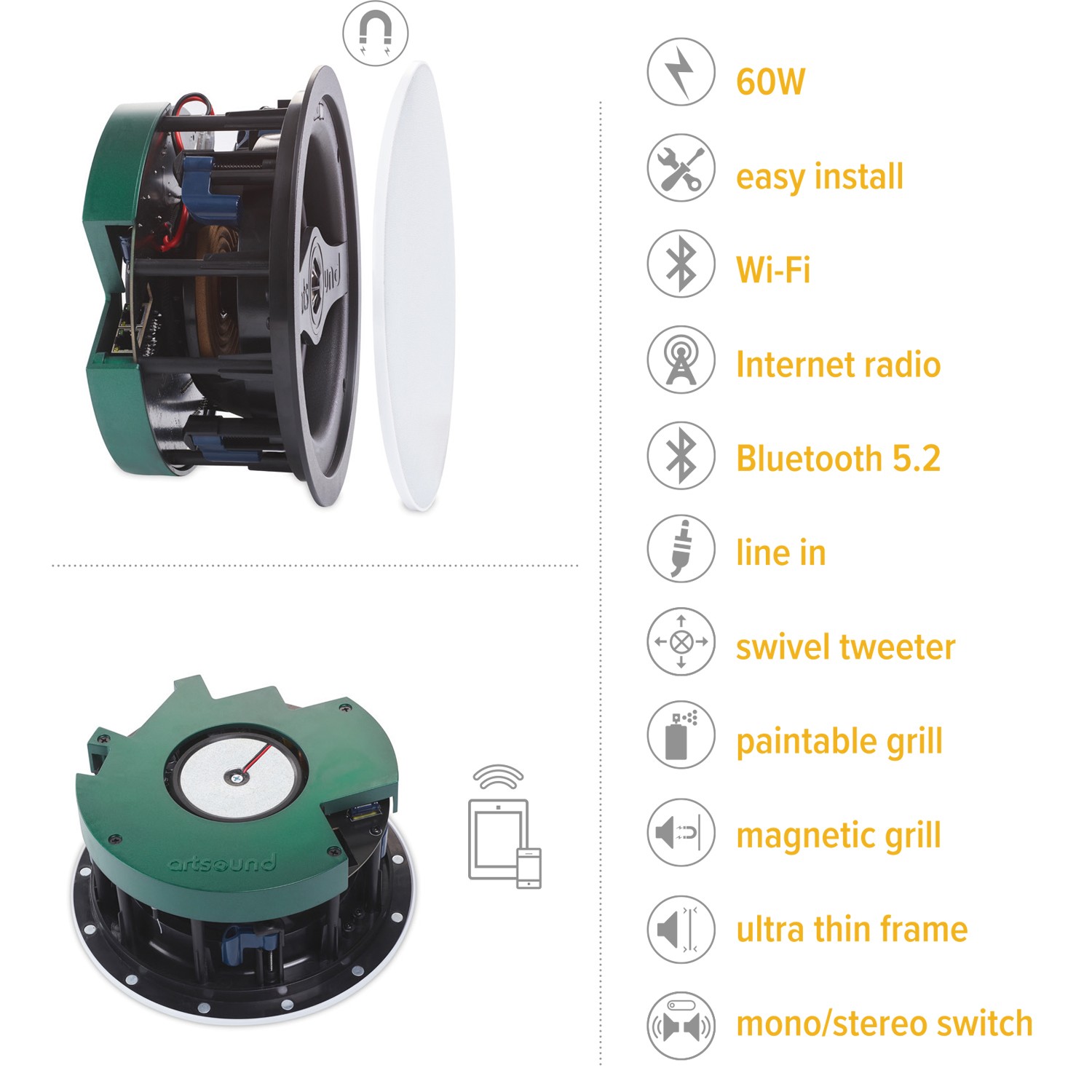 Artsound SMART IN WiFi Multiroom Active Ceiling Speaker (single)