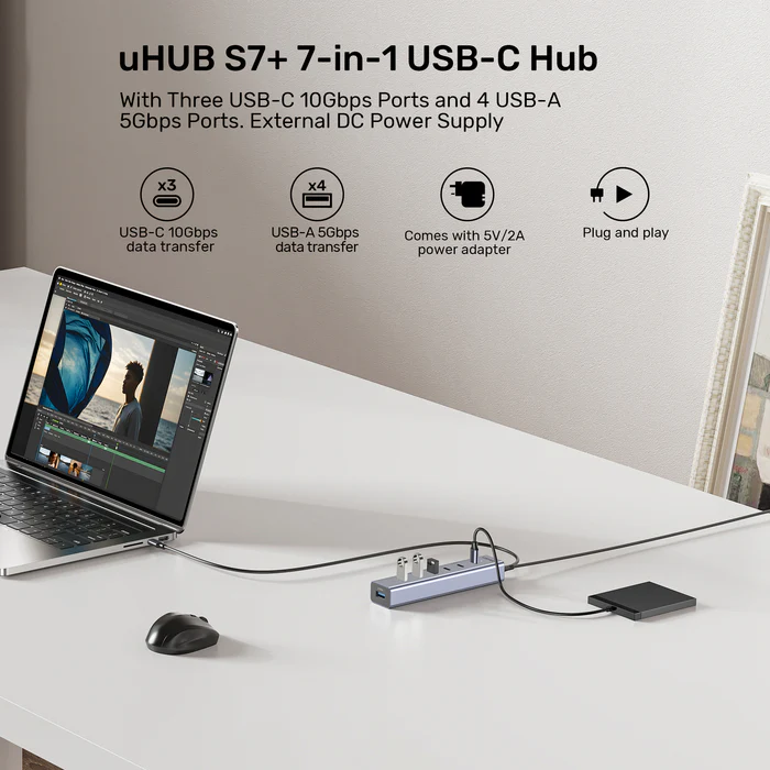 Unitek USB-A Hub 7-Port 3xUSB-C 4xUSB-A with Power Supply H1335A