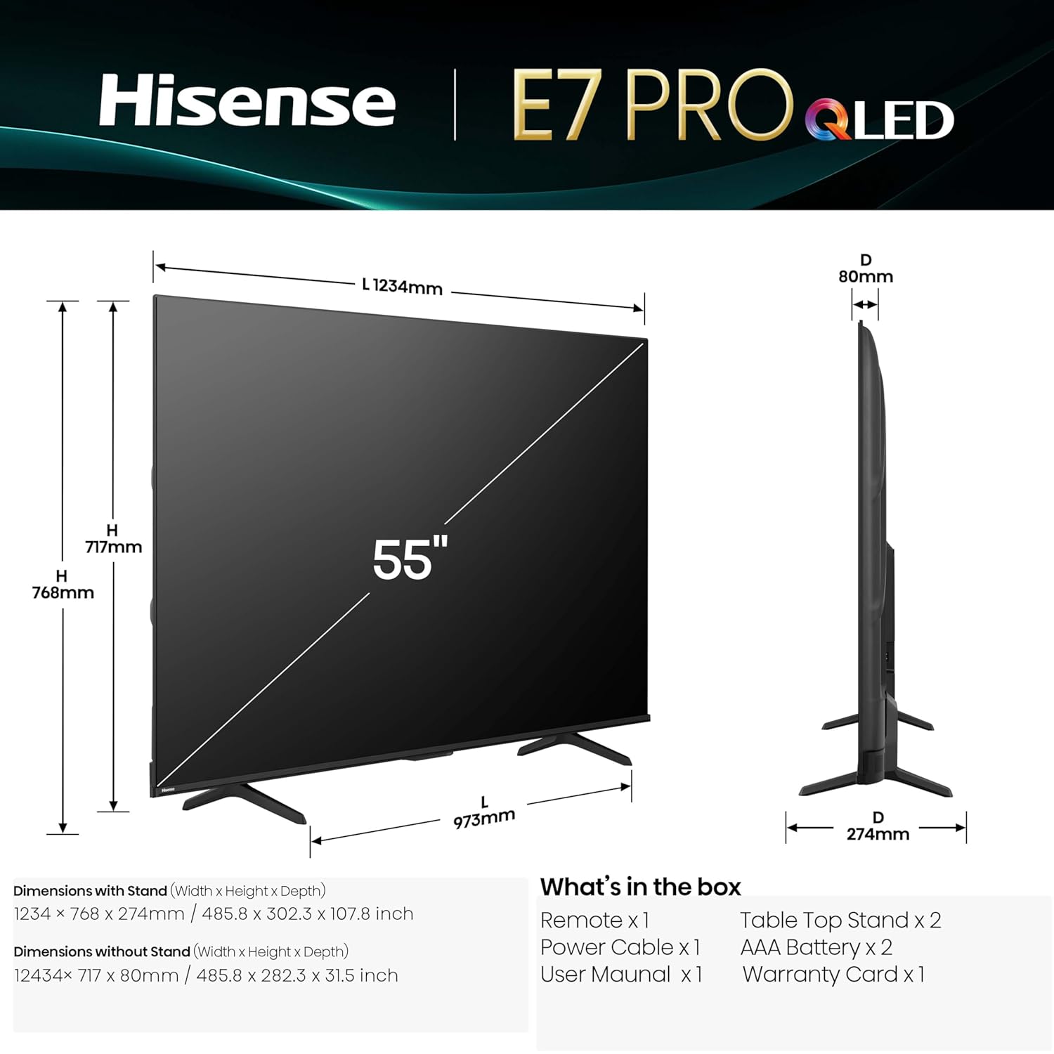Hisense 55E7Q PRO 55'' 4K Smart QLED TV 144 HZ