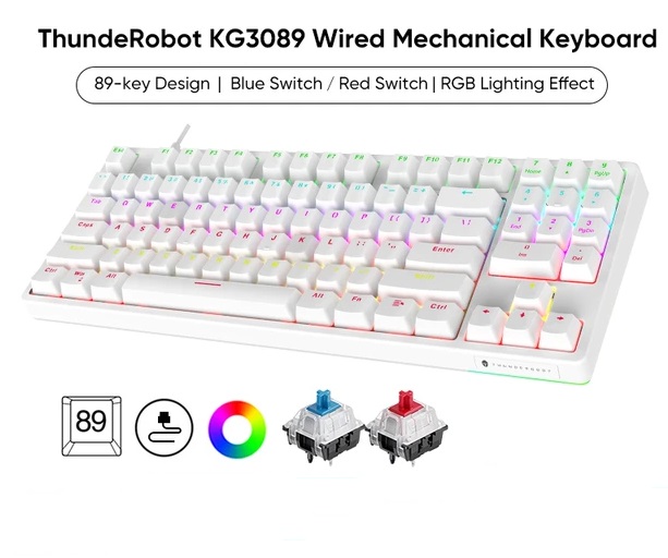 Thunderobot KG3089R White Mechanical Gaming Keyboard 89 Red Switch Keys