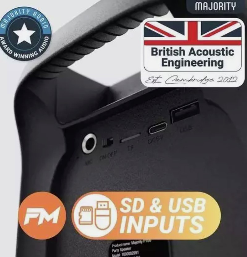 Majority Speakers Portable Karaoke P200 100W Wire Mic BT/USB/RGB UK