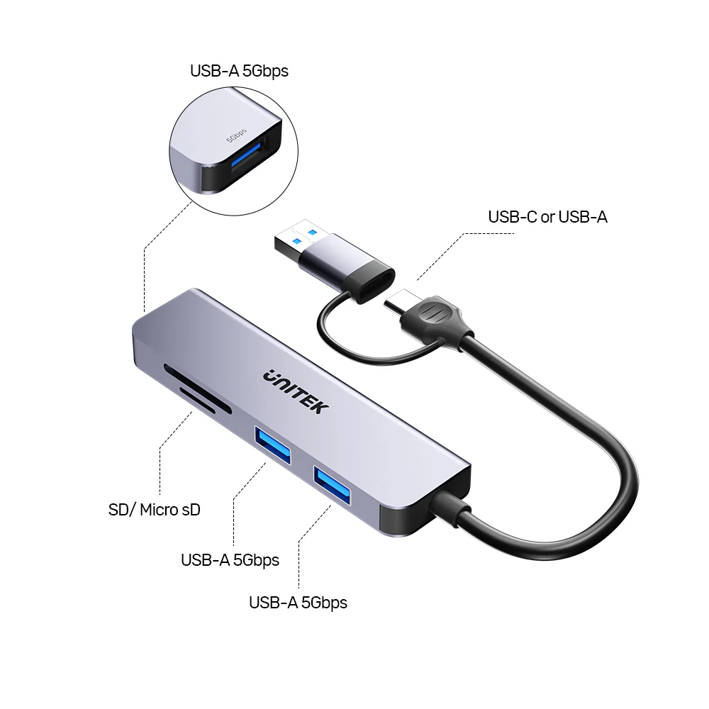Unitek USB-C Hub 3xUSBA SD/Micro SD Card Reader H1320A
