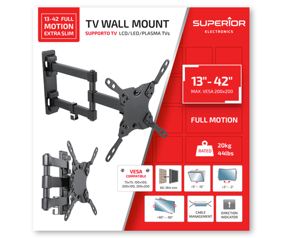 Superior TV Wall Support Double Arm 20x20 Max 20kg 36cm Extension