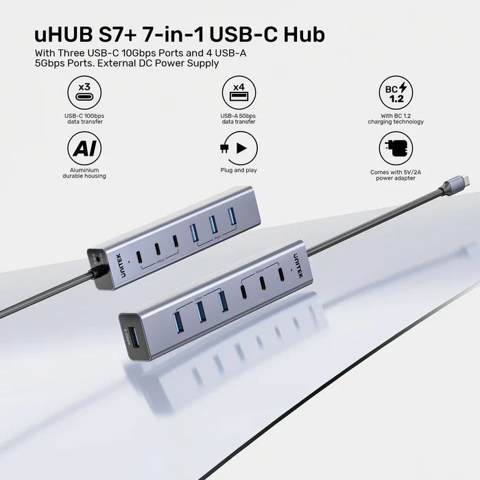 Unitek USB-A Hub 7-Port 3xUSB-C 4xUSB-A with Power Supply H1335A