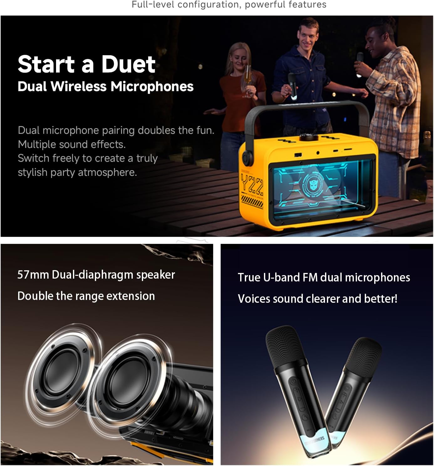Transformers Portable BT Speaker 15W, Party Speaker with 2 Wireless Microphones, Bluetooth 5.4, LED Display, Voice Changer, USB/TF, Y22 Black