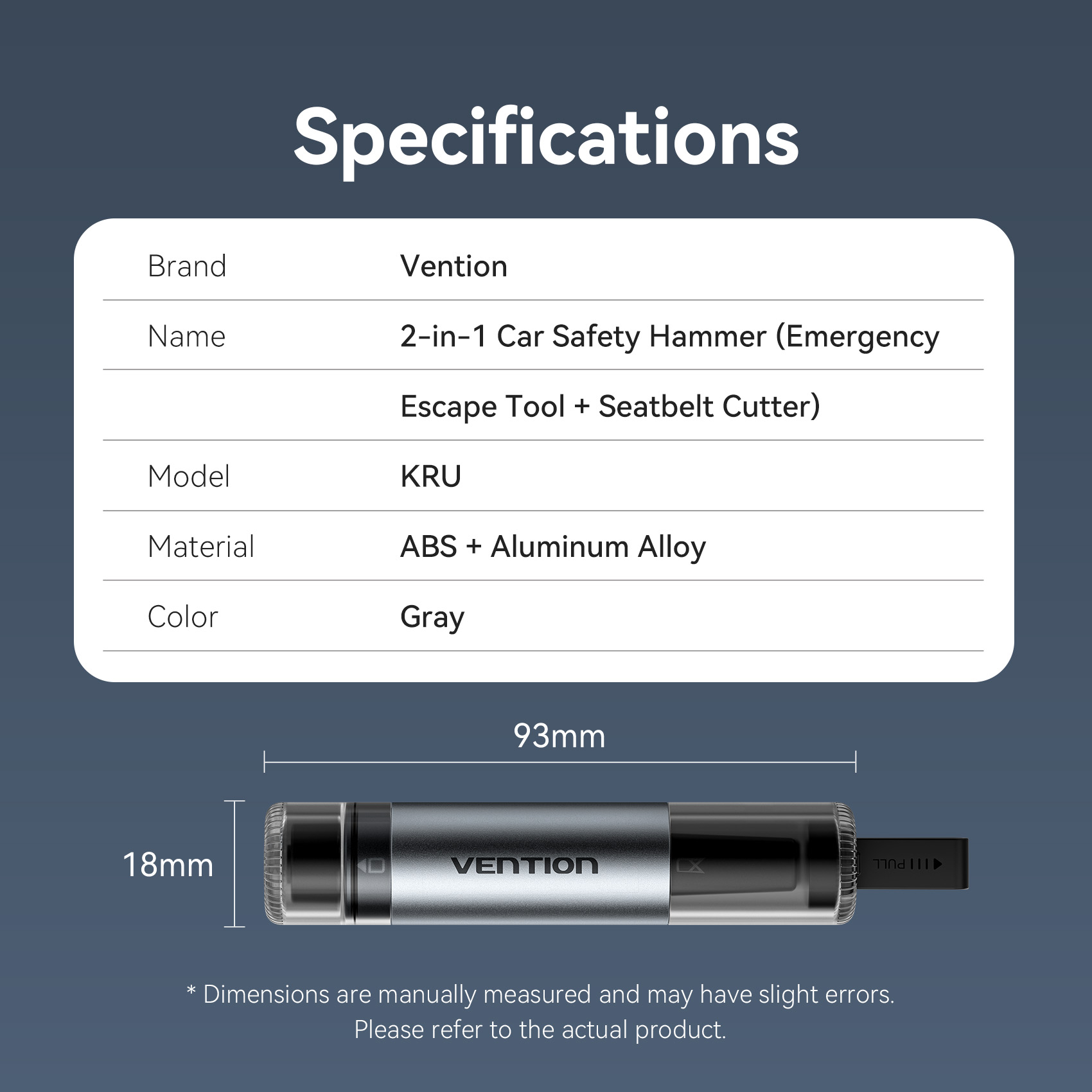 Vention Safety 2-in-1 Car Emergency Tool Glass Breaker + Seatbelt Cutter KRUH0