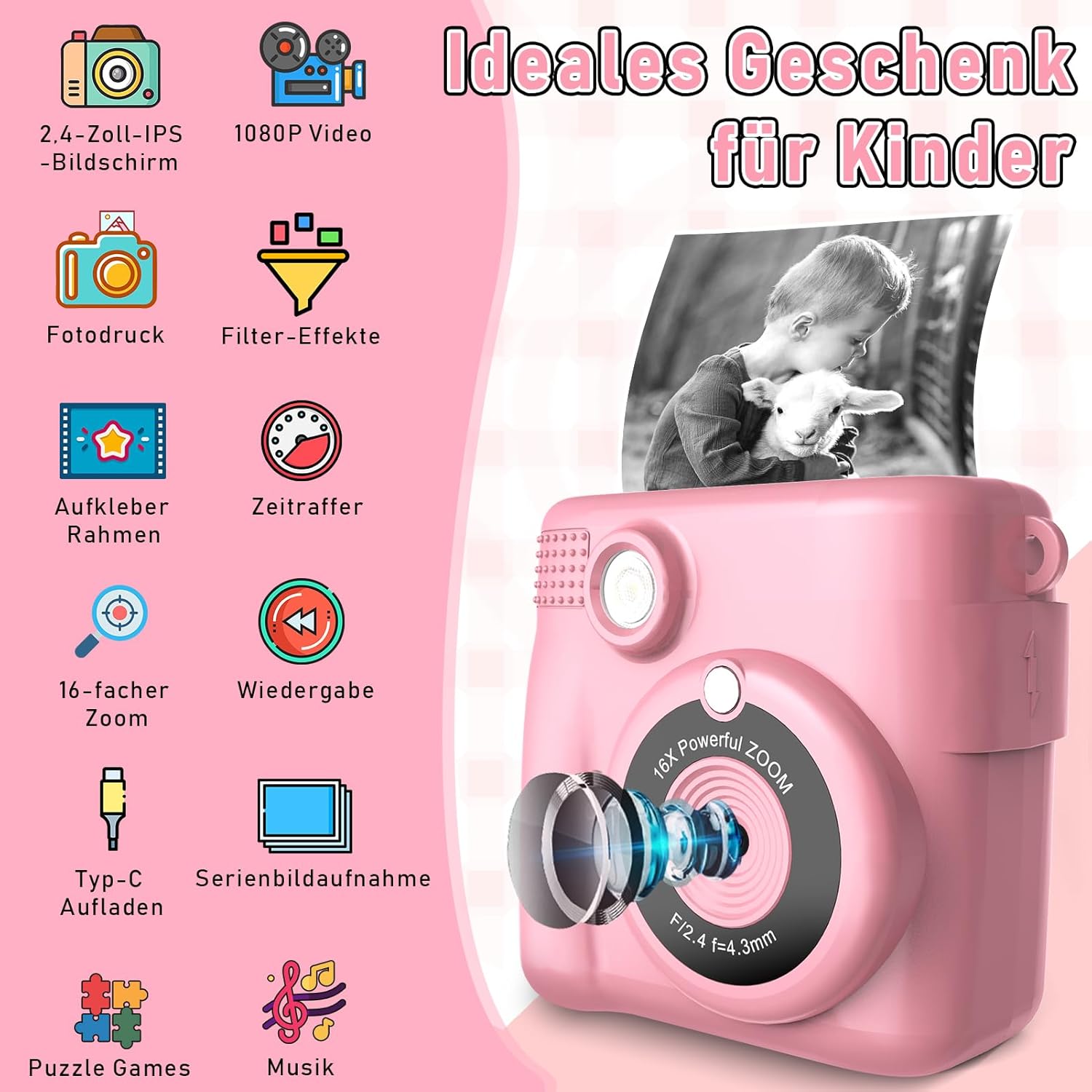 Children's Camera Instant Camera 1080P with 5 Rolls of Printing Paper, 32GB Card, Photo Camera with 6 Coloured Pens, 2 Stickers Gift for Children - Pink