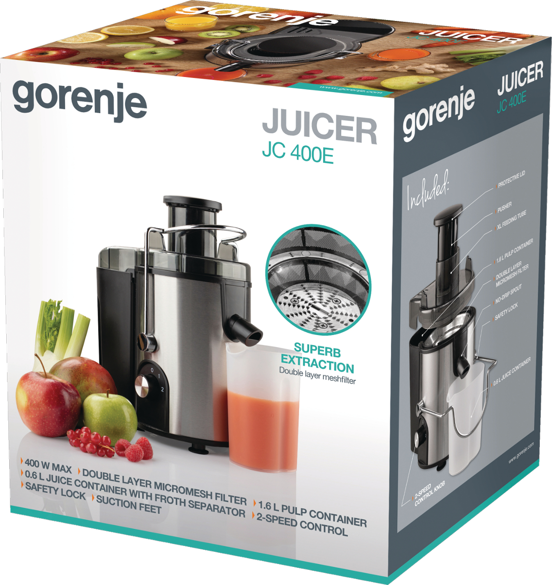 Gorenje Kitchen Juicer 400W 1.2L Pulp Container XL Tube JC400BE Inox/Black