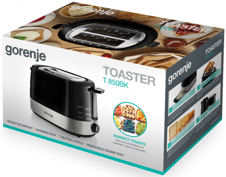 Gorenje Kitchen Toaster 850W 2 Slots 7 Heating Levels T850BK Black