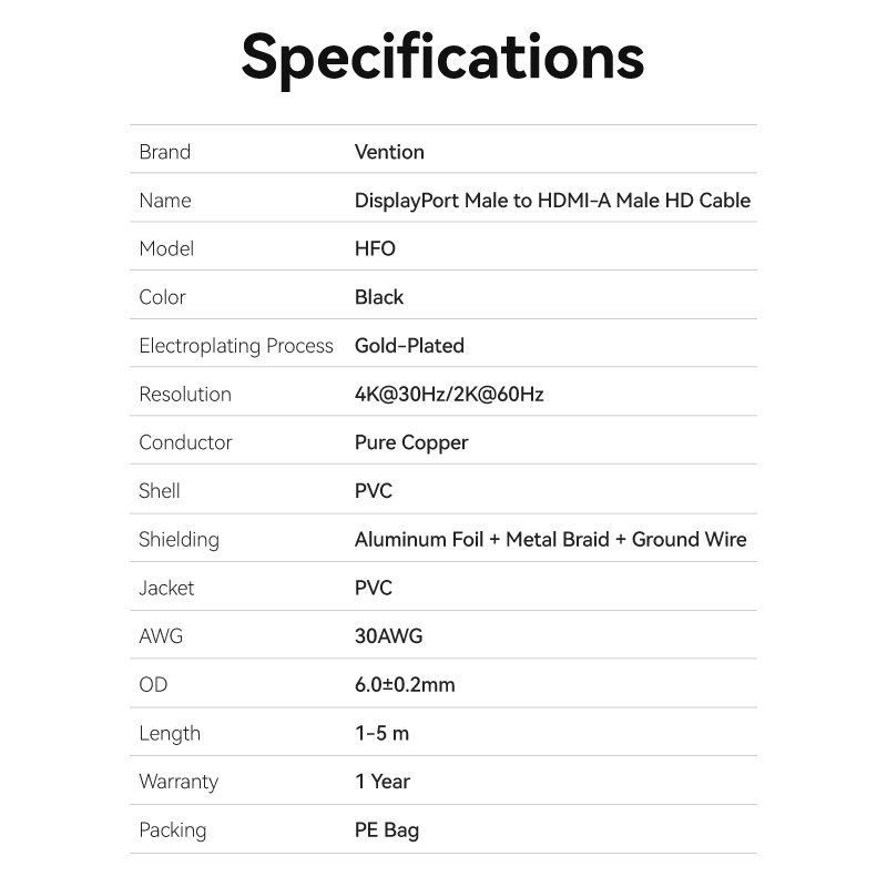 Vention DisplayPort to HDMI Cable 4K30Hz 1.0m PVC HFOBF