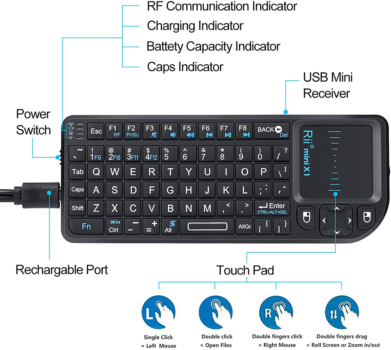 Rii Mini Keyboard Wireless 2.4GHz with Touchpad X1