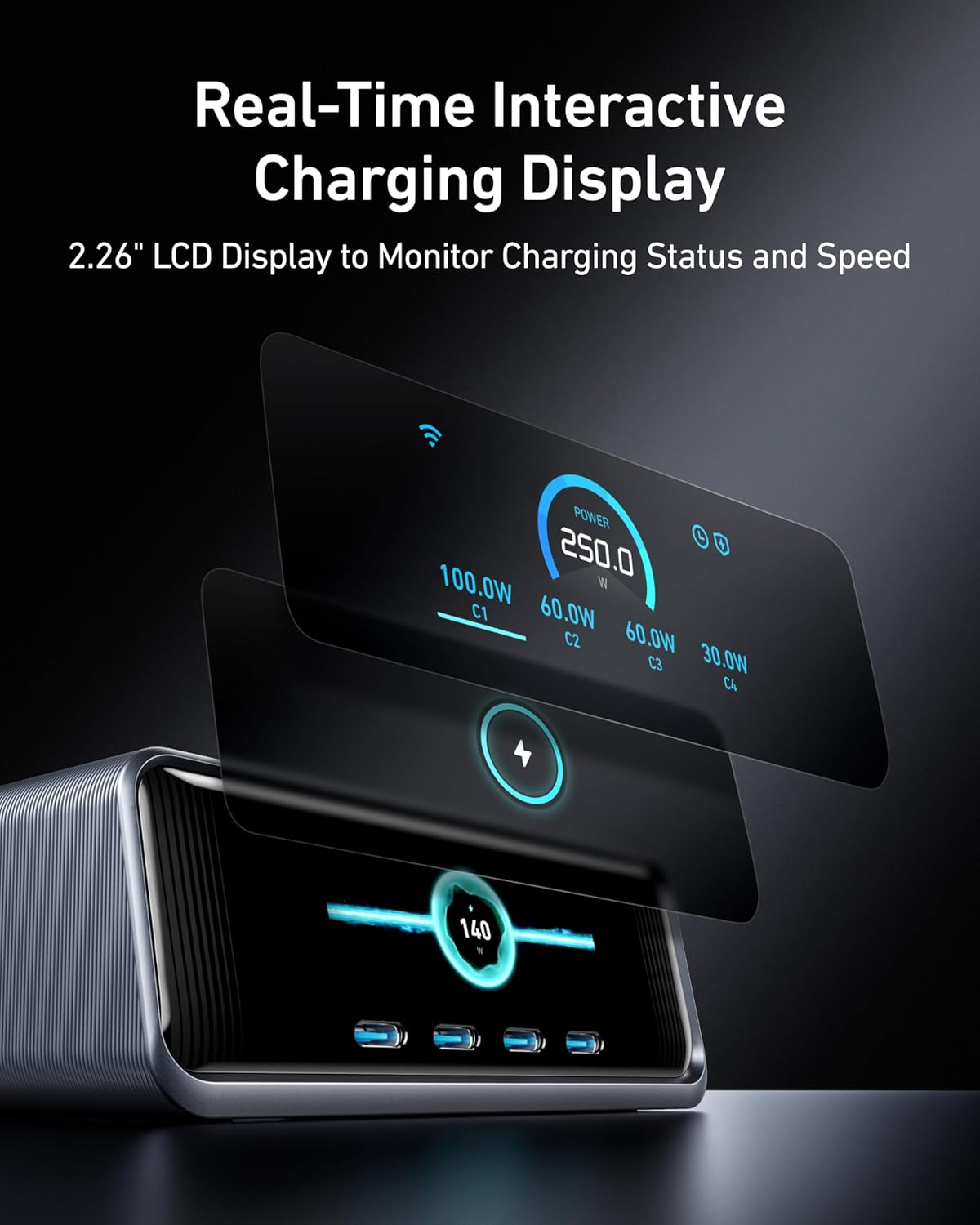 Anker Prime 250W USB C Charger, Ultra-Fast 6-Port GaN Charging Station, 2.26" LCD Display and Smart Control Dial Black